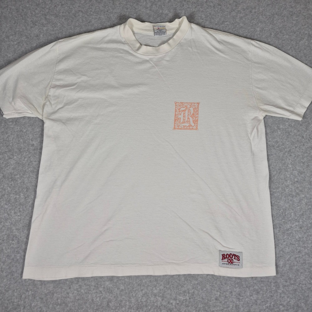 Vintage Roots T-Shirt Mens XL White Single Stitch Graphic Crew Neck Canada Made